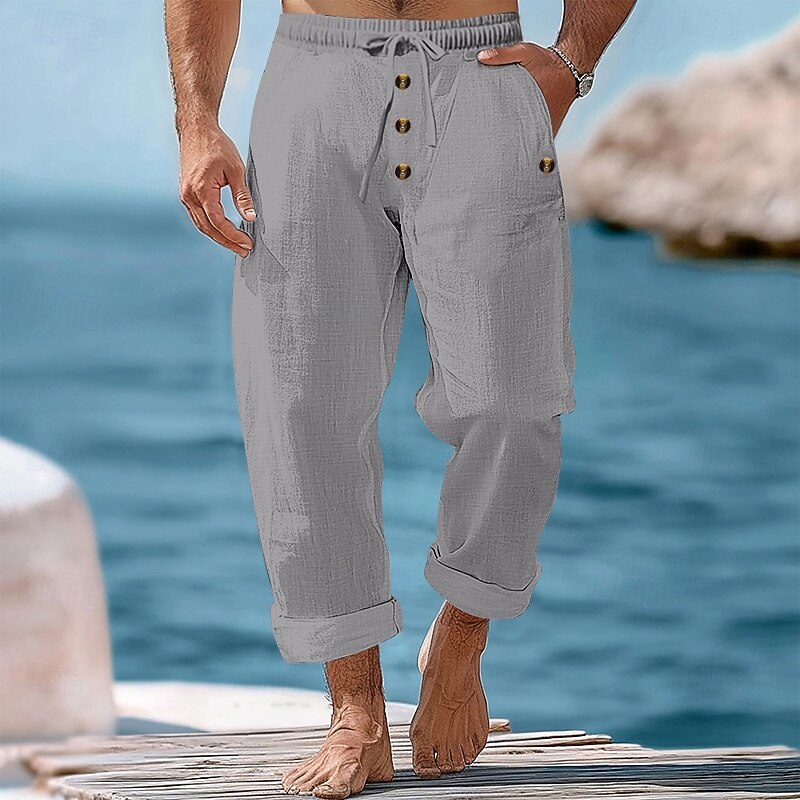 Men's Linen Pants Trousers Summer Pants Beach Pants Buttons Drawstring Elastic Waist Plain Comfort Breathable Full Length Casual Daily Holiday Vacation Fashion Black White3