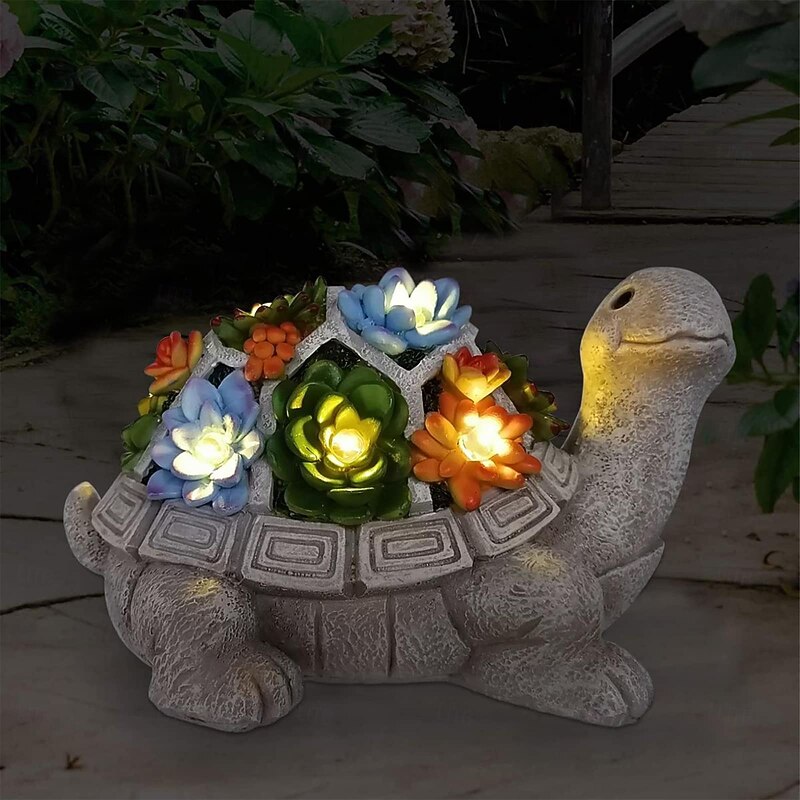 Solar Turtle Statue Lights - Outdoor Garden Ornament with Succulent LED Lights for Patio, Balcony, Yard, Lawn Decor - Unique Housewarming Gift