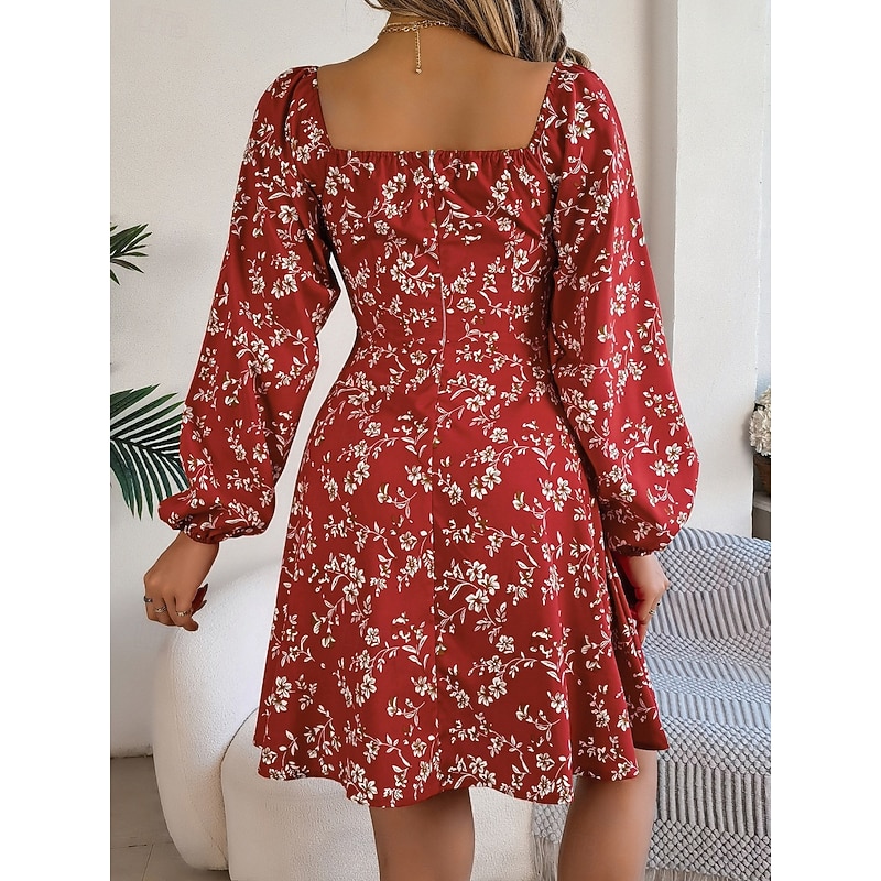 Women's Mini Dress Casual Dress A Line Dress Stylish Casual Vacation Daily Regular Fit Floral Long Sleeve Square Neck Red Navy Blue Spring Fall2