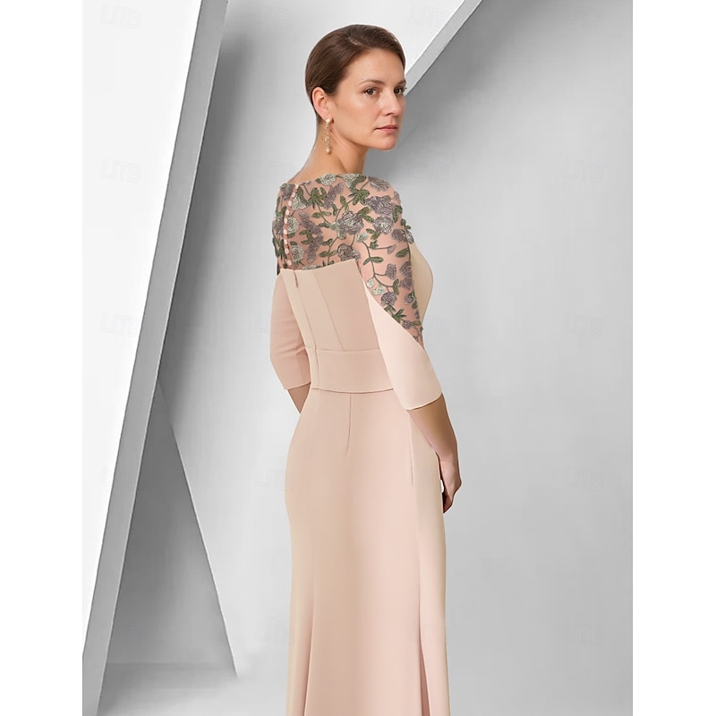 Sheath / Column Dress Mother of the Bride Dress Elegant Jewel Neck Floor Length Stretch Fabric 3/4 Length Sleeve with Lace Embroidery Appliques2