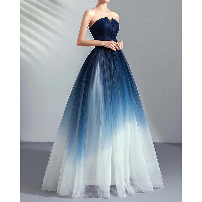 Ombre A-Line Prom Dresses Evening Dress Pleated Formal Masquerade Floor Length Sleeveless Strapless Tulle with2