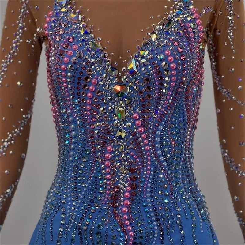 Figure Skating Dress Women's Girls' Ice Skating Dress Sky Blue Open Back Mesh Spandex High Elasticity Training Competition Skating Wear Classic Crystal / Rhinestone Long Sleeve Ice Skating Figure2