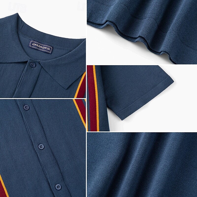 Men's Button Up Polos Golf Shirt Casual Sports Lapel Short Sleeve Fashion Basic Color Block Patchwork Buttons Summer Black Navy Blue Brown Button Up Polos4