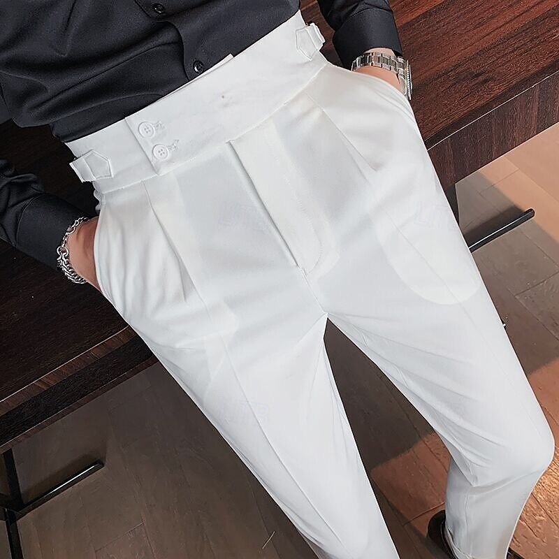 Men's Graduation Dress Pants Naples Trousers Trousers Chinos Buttons Pocket Straight Leg Plain Comfort Formal Party Work Fashion Classic Style Black White Micro-elastic2