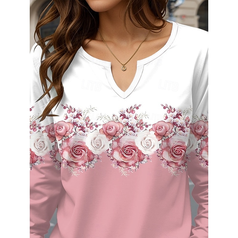 Women's T Shirt Floral Casual Long Sleeve Notched Neck Regular Tops Daily Print Pink Spring Fall3