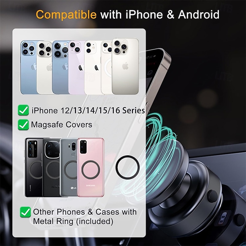 360-degree Adjustable Electric Vacuum Magnetic Suction Cup Phone Mount Hands-Free Magnetic Cell Phone Holder for Car/Gym/Mirror/Smooth Surface Compatible with Magsafe iPhone3