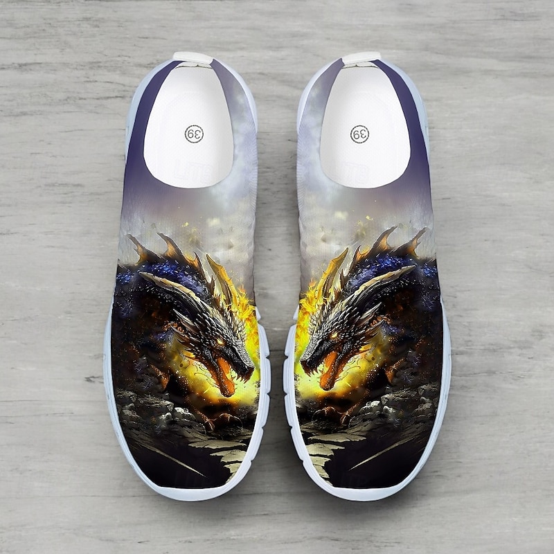 Men's Dragon Print Flyknit Sneakers - Lightweight Athletic Shoes for Running, Gym and Casual Wear
