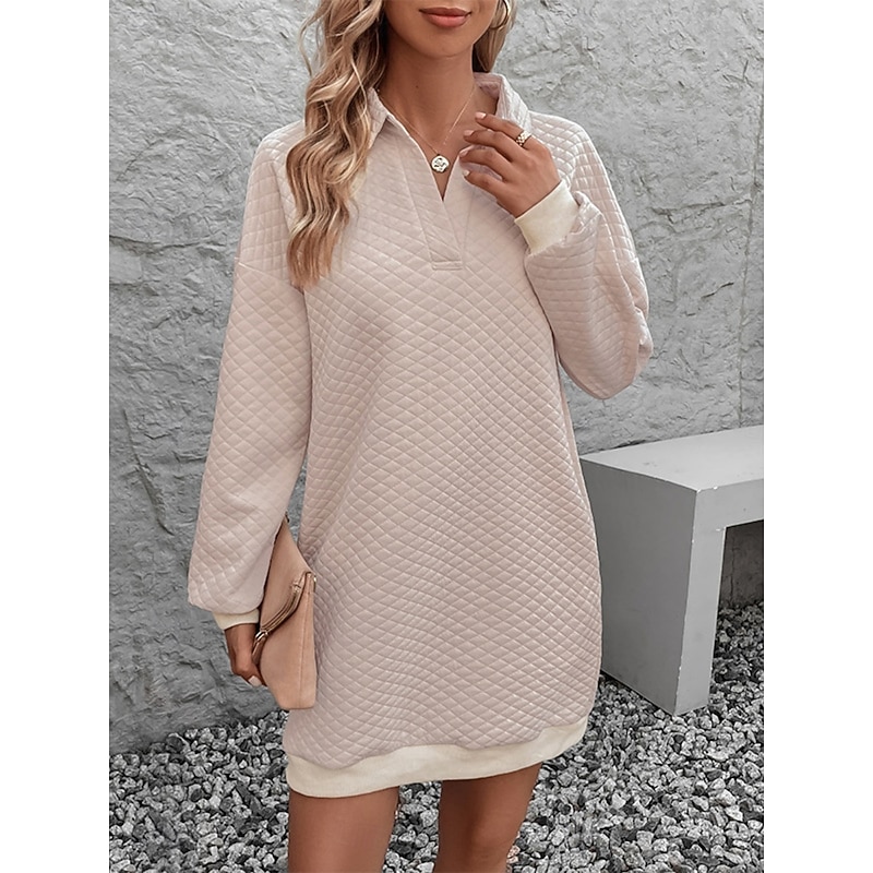 Women's Sweater Dress Mini Dress Patchwork Casual Shirt Collar Long Sleeve Apricot Color