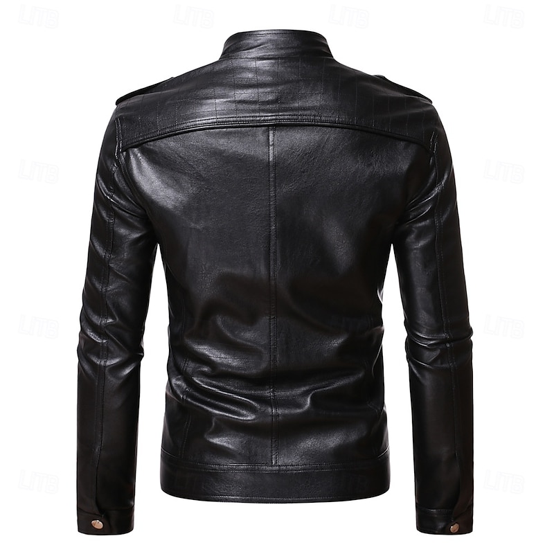 Men's Faux Leather Jacket Transition Jacket Casual Jacket Biker Jacket Casual Thermal Warm Rain Waterproof Faux Fur Trim Fall Pure Color Casual Stand Collar Regular Regular Faux Leather Regular Fit4