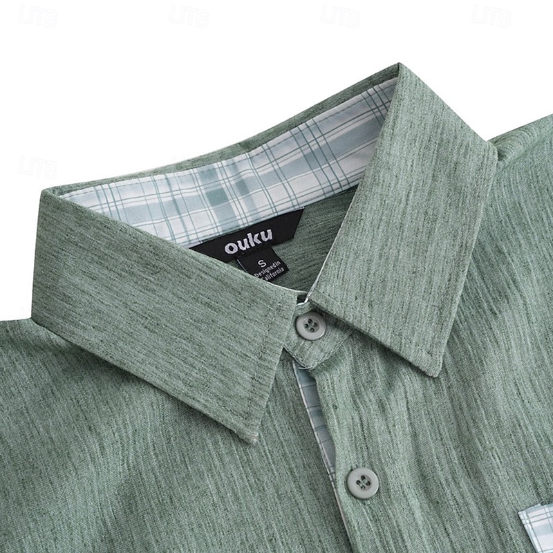 Men's Shirt Linen Shirt Summer Shirt Button Up Shirt Solid Color Business Daily Wear Blue Green Gray Short Sleeve Fold-over Collar Spring & Summer Clothing Apparel Patchwork2
