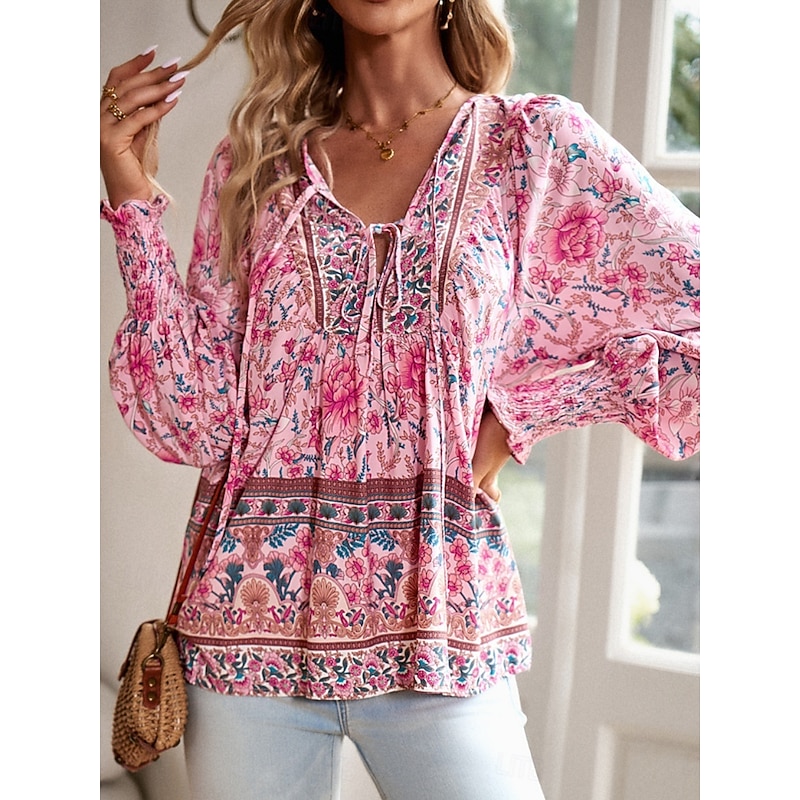 Women's Shirt Blouse Floral Bohemia Casual Long Sleeve V Neck Regular Tops Daily Print Yellow Pink Navy Blue Blue Orange Summer Spring Fall3