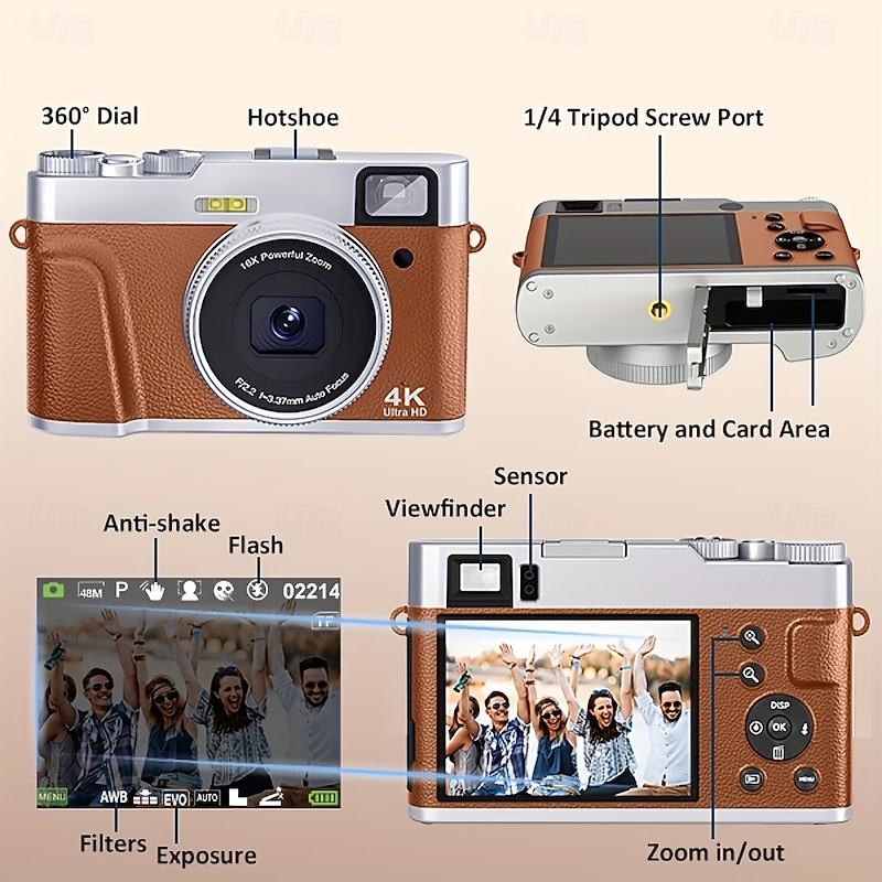4K UHD Point and Shoot Camera Digicam with Auto Focus Compact Digital Camera Travel Camera with Auto Focus 48MP Vlogging Camera3