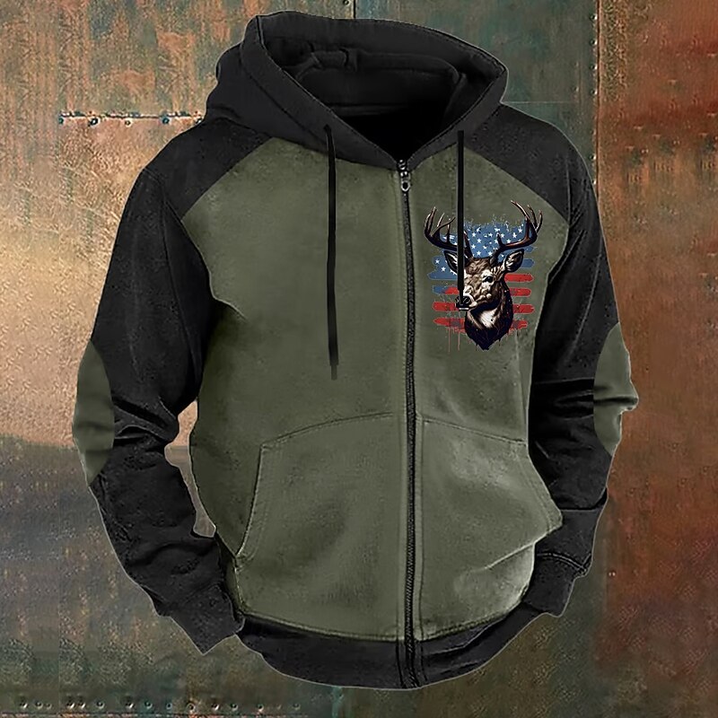Men's Camo Deer Hoodies Fashion Daily Long Sleeve Hooded Vacation Hunting Brown Green Drawstring Zipper Fall Winter Designer2