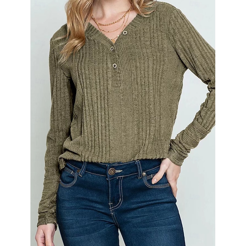 Women's T Shirt Plain Fashion Modern Casual Long Sleeve V Neck Regular Tops Daily Weekend Black Army Green Summer Spring2