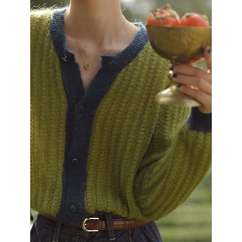 Women's Sweater Cardigan Casual Soft Pure Color Ribbed Crew Neck Buttons Knitted Long Sleeve Regular Tops Knit Outdoor Daily Weekend Green Apricot Fall Winter2
