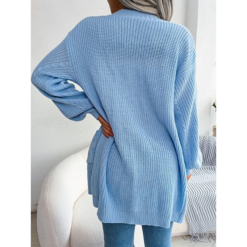 Women's Sweater Cardigan Casual Soft Pure Color Cable Open Front Pocket Knitted Long Sleeve Long Tops Knit Outdoor Daily Weekend Blue Apricot Fall Winter2