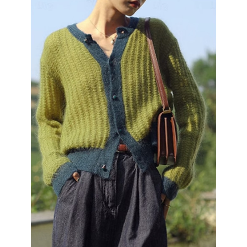 Women's Sweater Cardigan Casual Soft Pure Color Ribbed Crew Neck Buttons Knitted Long Sleeve Regular Tops Knit Outdoor Daily Weekend Green Apricot Fall Winter3