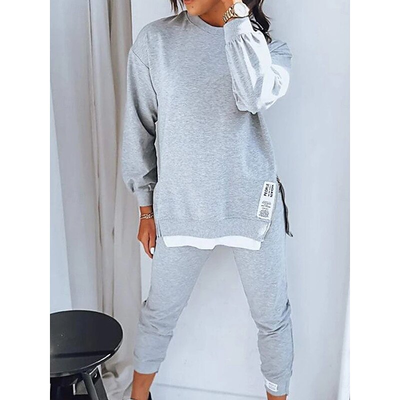 Women's Streetwear Daily T Shirt Chinos Long Sleeve Crew Neck Solid Color Patchwork Outdoor Office Black Beige Gray Spring &  Fall Regular Fit