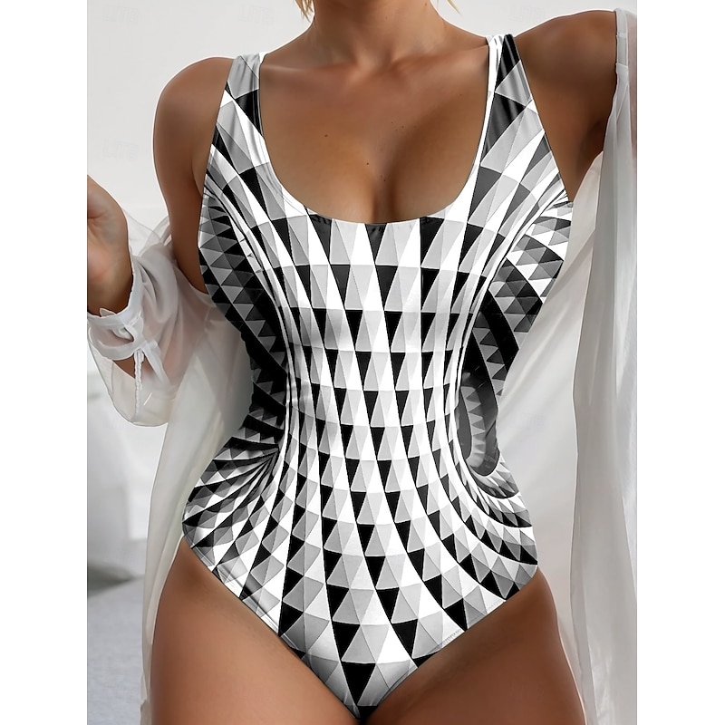 Women's Swimsuits One Piece Monokini Swimsuit Backless Tummy Control High Waist Slim Vacation Beach Wear Geometric U Neck Sleeveless Bathing Suits2