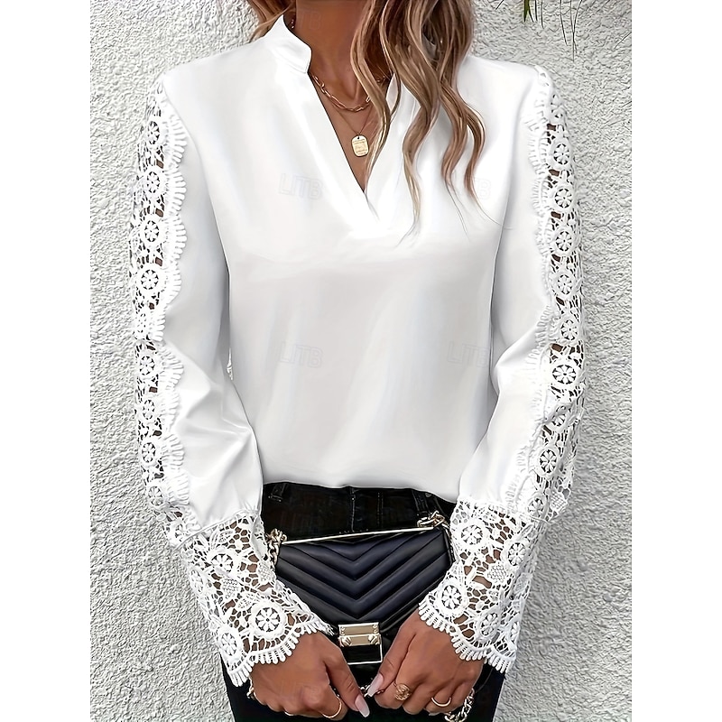 Women's Shirt Blouse Solid Color Basic Casual Long Sleeve V Neck Regular Tops Daily Lace Patchwork White Fall Winter4
