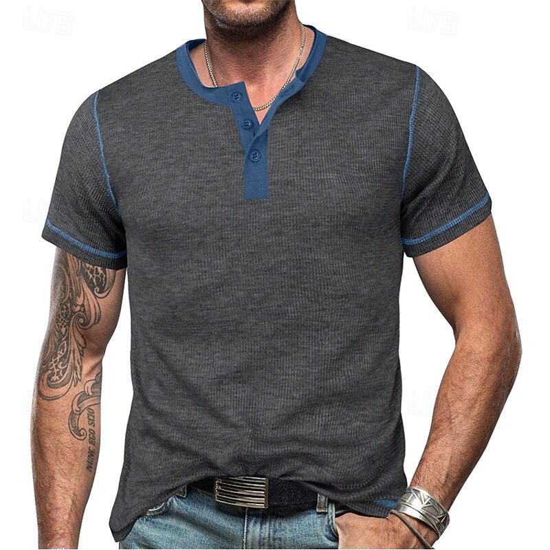 Men's Button T Shirt T Shirt Waffle Henley Shirt Henley Shirt Short Sleeve Henley Spring & Summer Color Block Fashion Designer Basic Patchwork Vacation Street Going out Wine Blue Army Green Top Tee