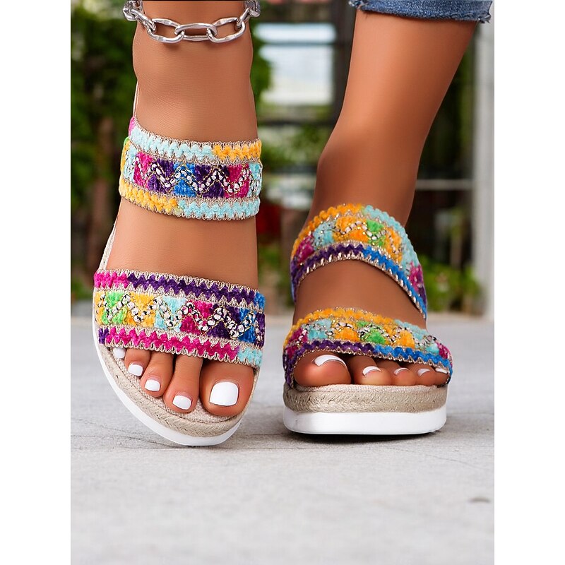 Women's Bohemian Wedge Sandals – Colorful Embroidered Slip-On Platform Shoes for Summer, Beach, and Casual Wear