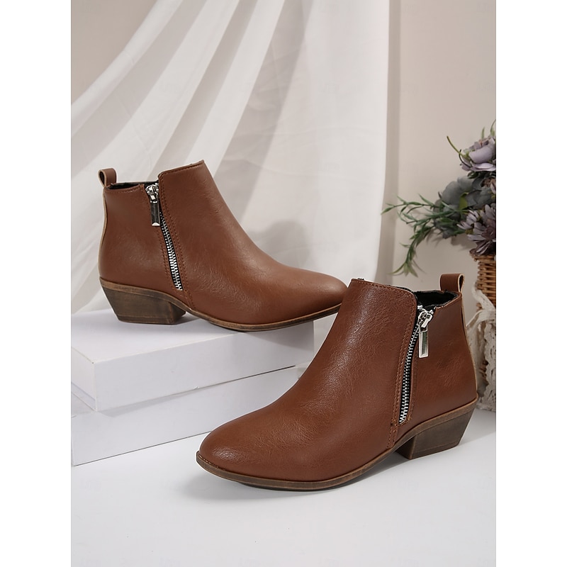 Women's Brown Faux Leather Ankle Boots with Side Zipper | Comfortable and Stylish for Everyday Wear3