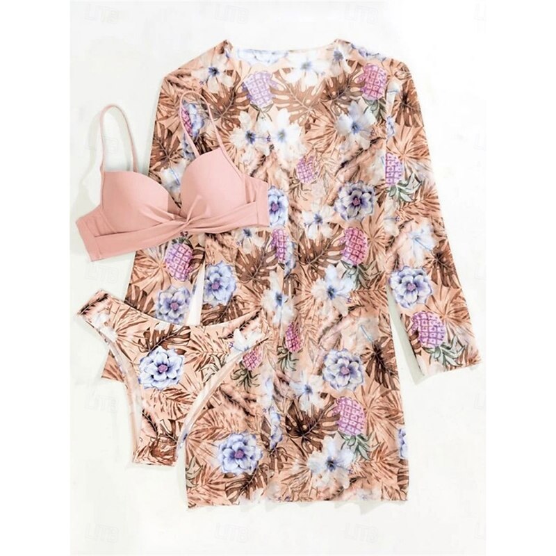 Women's Swimwear Bikini Three Piece Cheeky Swimsuit Backless Slim Vacation Beach Wear Floral V Neck Long Sleeve Bathing Suits3