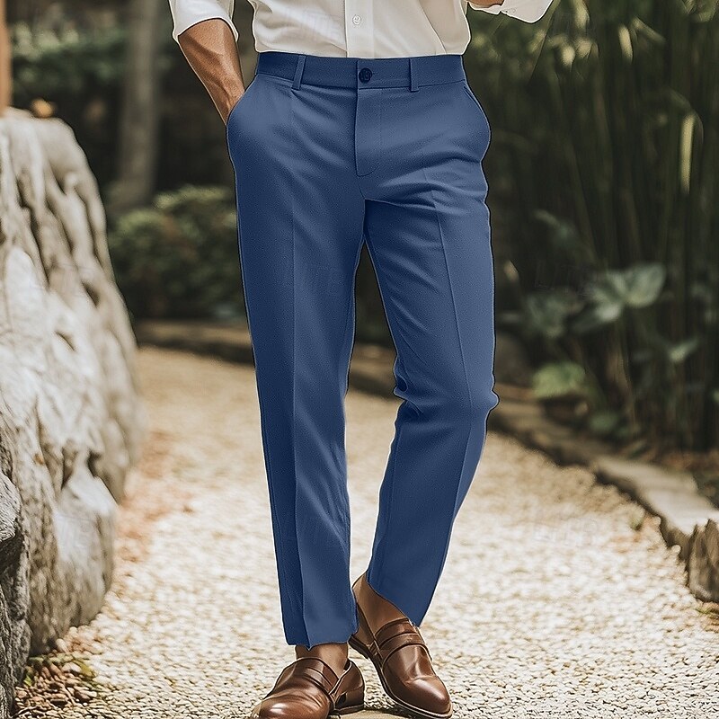 Men's Linen Pants Trousers Dress Pants Summer Pants Pocket Straight Leg Plain Comfort Breathable Full Length Outdoor Business Wedding Party Retro Vintage Smart Casual Black Navy Blue