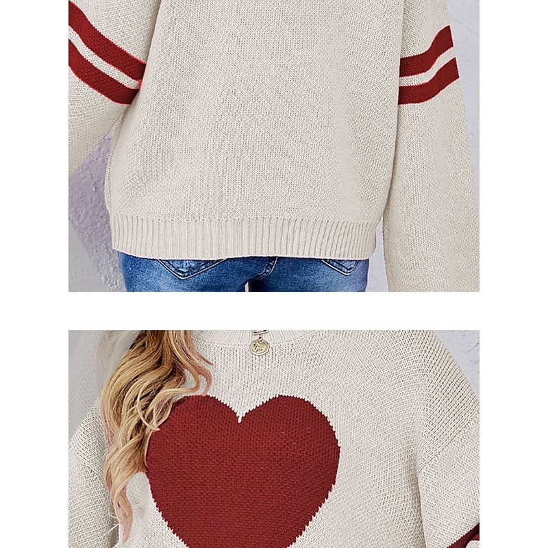 Women's Valentine Sweater Casual Soft Heart Ribbed Crew Neck Knitted Long Sleeve Regular Tops Knit Outdoor Daily Valentine Black White Fall Winter3