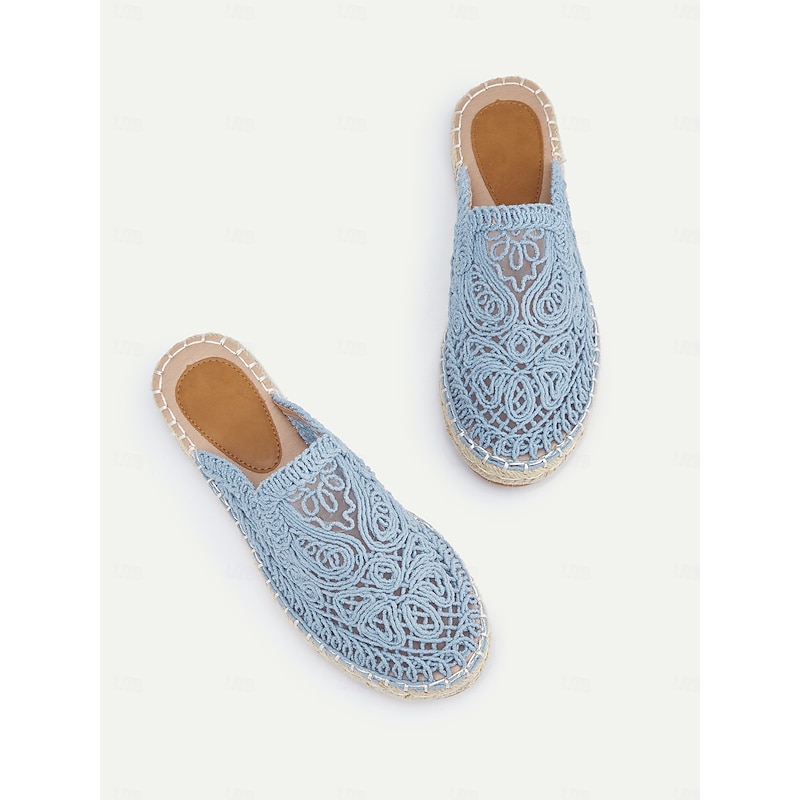 Women's Blue Crochet Espadrille Flats with Mesh Detail, Boho Style Slip-On Summer Shoes for Beach and Casual Wear4