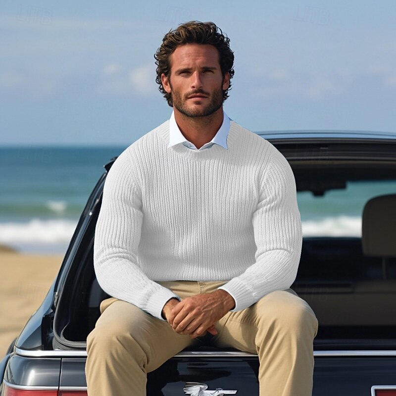 Men's Christmas Sweaters Sweater Pullover Sweater Jumper Waffle Knit Classic Style Solid Color Crew Neck Christmas Elegant Formal Home Clothing Apparel Bishop Sleeve Fall Winter Wine Pumpkin M L XL3