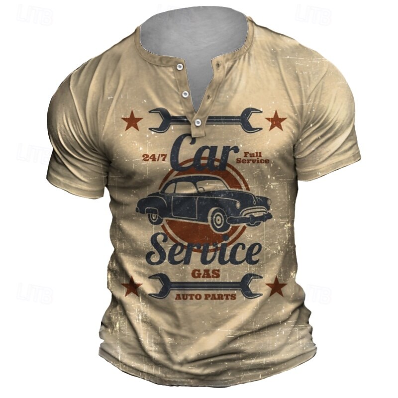 Men's Graphic Car Service T shirt Henley Shirt Short Sleeve Retro Vintage Street Casual Daily Summer Spring Light Blue Khaki Gray Henley Henley T-Shirt