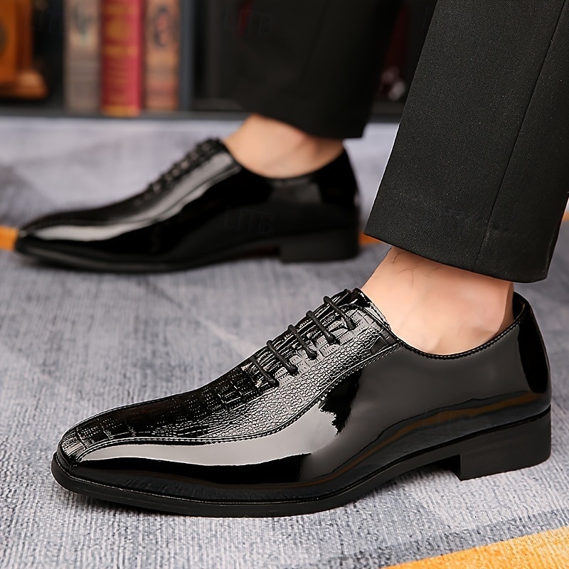 Men's Black Faux Leather Dress Shoes with Crocodile Pattern, Lace-Up Design, and Elegant Formal Style for Office or Special Occasions4