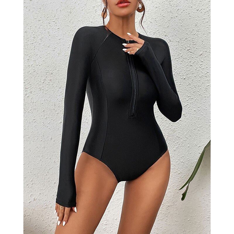 Women's Rash Guard One Piece Swimsuit Lightweight Long Sleeve Bodysuit Bathing Suit Front Zip Swimming Surfing Beach Water Sports Solid Colored Summer Spring Autumn2