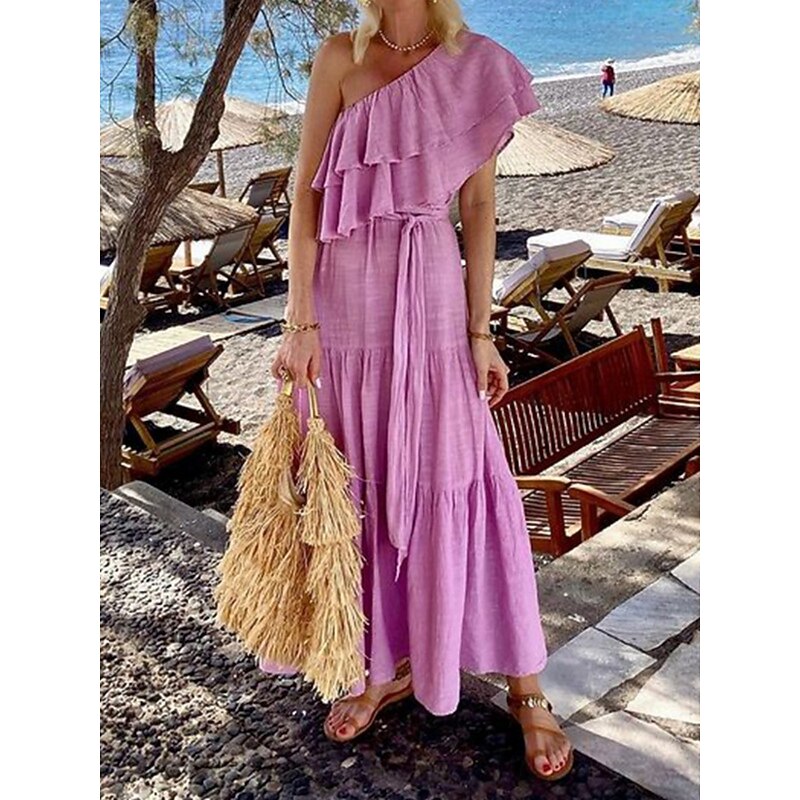 Women's Casual Dress Mini Dress Ruffle Casual One Shoulder Short Sleeve Pink Blue Color2