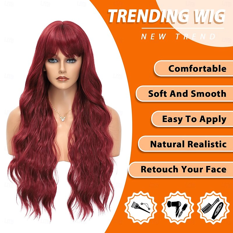 Wig With Bangs Long Wigs for Women Curly Wavy Hair Natural Looking Synthetic Heat Resistant Wig for Girls Halloween Party Use2