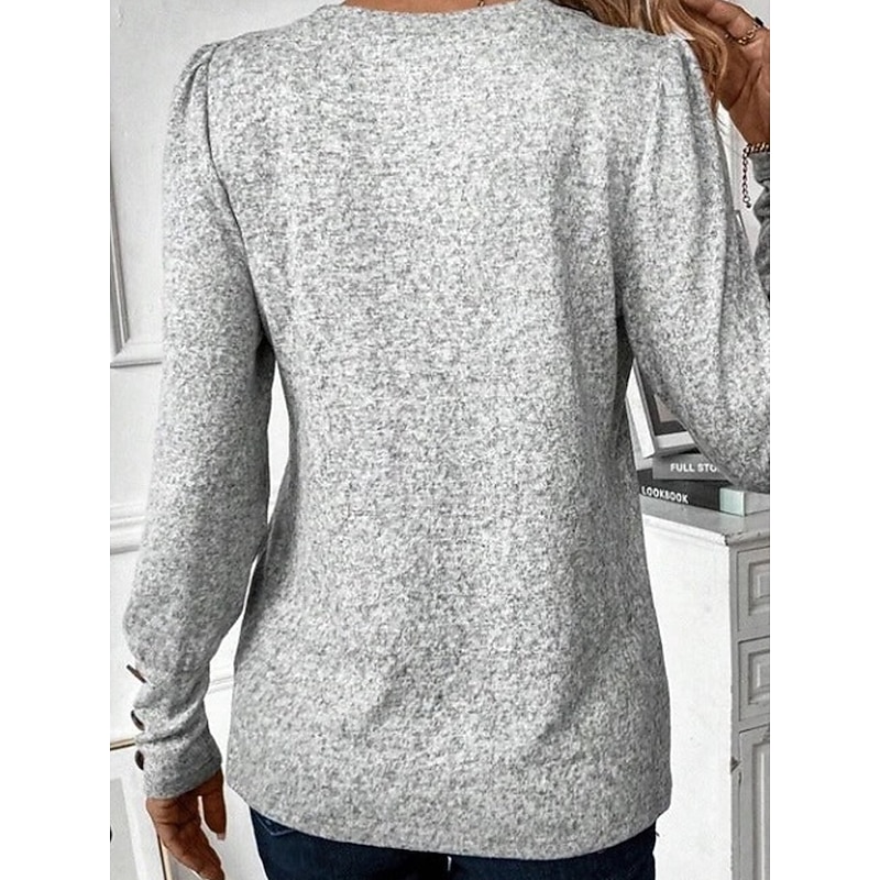 Women's Pullover Casual Plain Street Dailywear Crew Neck Buttons Long Sleeve Silver Fall Winter2