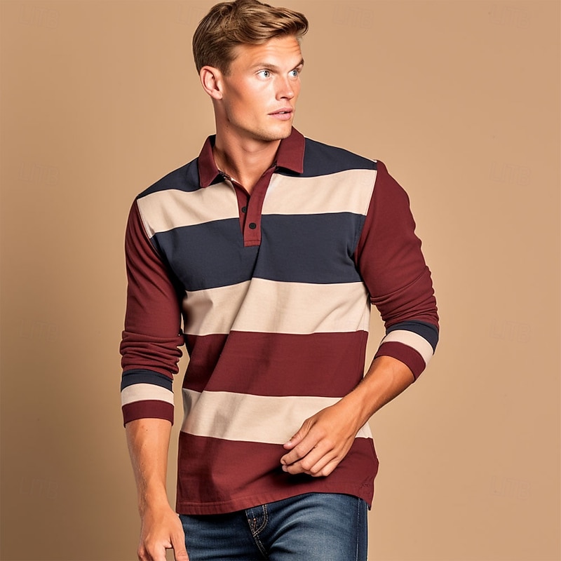 Men's Stripes Cable Knit Polo Long Sleeve Polo Shirts Collared Shirts Casual Outdoor Athleisure 3D Print Spring Fall Red2