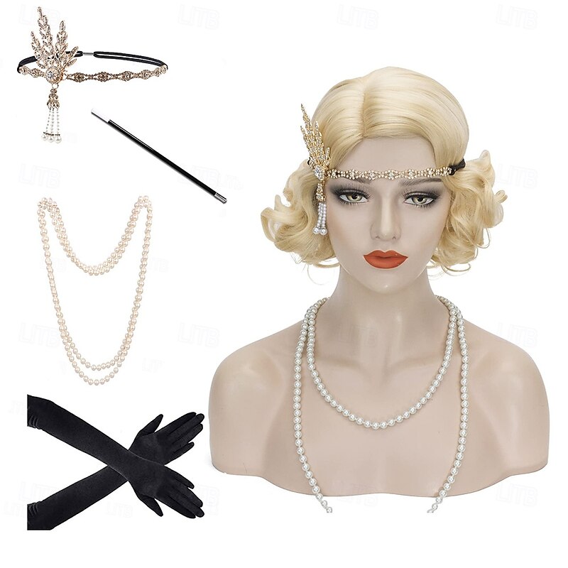 Wave Wig Women Black 1920s Vintage Flapper Wig Lady Rockabilly Short Curly Wig Carnival Party Cosplay Costume Synthetic Hair With Accessories Set Halloween Wigs2