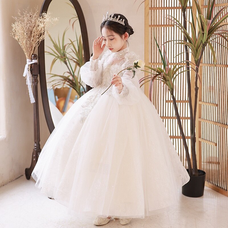 Flower Girl Dress Kid's Girls' Princess Dress Performance Wedding Party Elegant Beautiful Mesh Solid Color Long Sleeve Standing Collar White 4 years+
