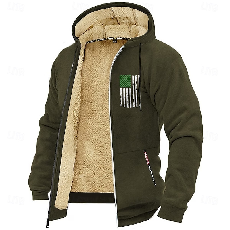 Men's Full Zip Hoodie Fuzzy Sherpa Fleece Jacket Fleece Hoodie Black Wine Army Green Navy Blue Blue Hooded Flag Plain Zipper Pocket Drawstring Sports & Outdoor Daily Weekend Polyester Vintage Casual2