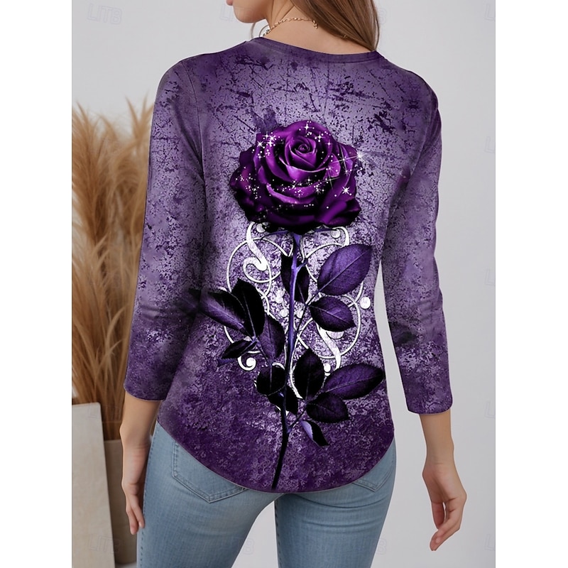 Valentine Women's Rose T Shirt Cute Rose Floral Regular Tops Print Regular Fit Daily Weekend Black Blue Purple Orange Rose Pink Fall Winter Prefall2