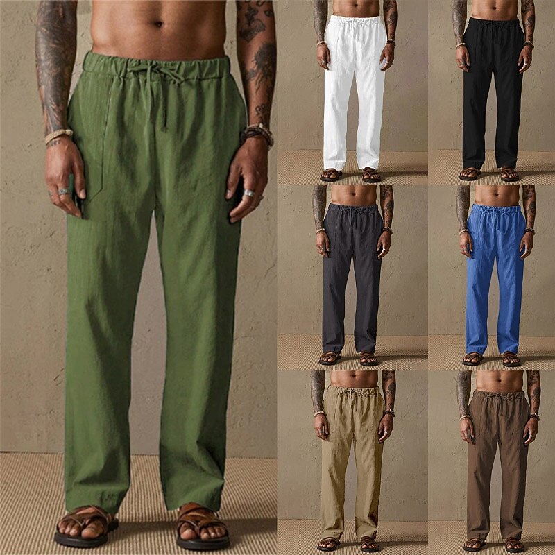 Men's Linen Pants Trousers Summer Pants Gauze Pants Drawstring Elastic Waist Straight Leg Plain Comfort Breathable Full Length Outdoor Casual Daily Fashion Classic Style Black White
