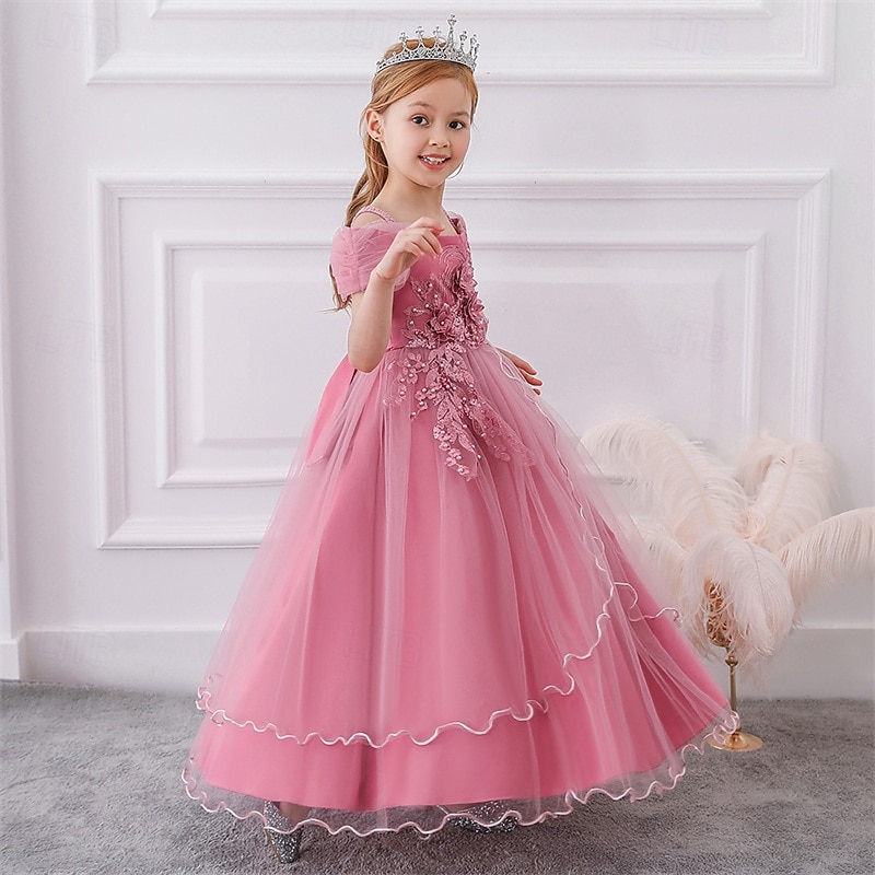 Flower Girl Dress Kid's Girls' Princess Dress Performance Wedding Party Elegant Beautiful Mesh Solid Color Sleeveless Crew Neck Champagne Pink 4 years+3