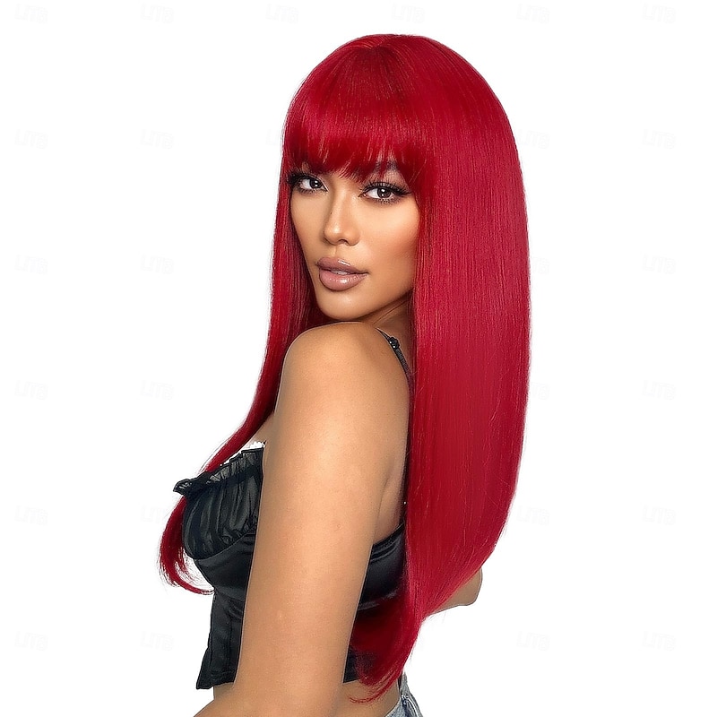 Red Wig with Bangs Long Straight Wigs for Women Red Natural Looking Hair Synthetic Heat Resistant Womens Wig for Daily Party Cosplay Use 22 Inch2