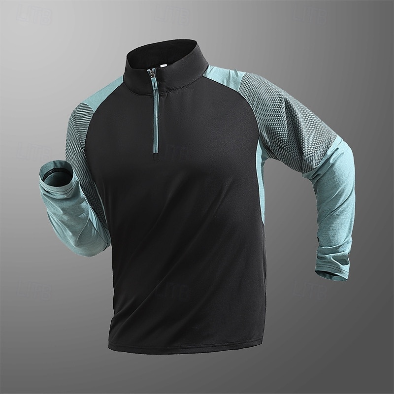 Men's T shirt Hiking Tee shirt Long Sleeve Quarter Zip Tee Tshirt Muscle T-Shirt Bodybuilding Stretch Tee Outdoor Quick Dry Workout Soft Sweat wicking Polyester Patchwork Black White Royal Blue Gym3