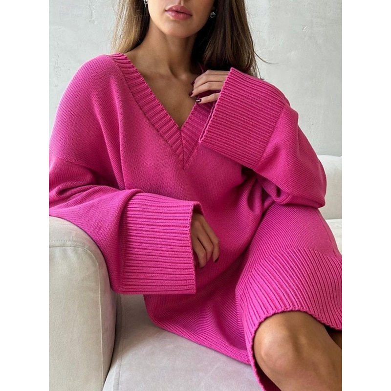 Women's Sweater Sweater Dress Casual Soft Pure Color Ribbed V Neck Knitted Long Sleeve Long Tops Knit Outdoor Daily Weekend Black Fuchsia Fall Winter