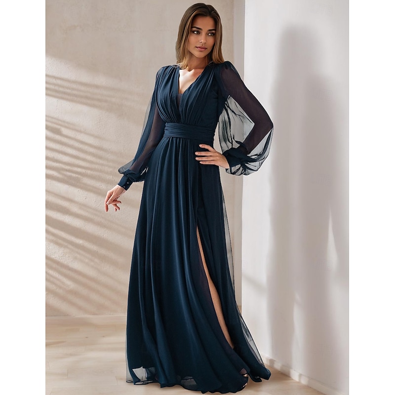 A-Line  Mother of the Bride  Elegant Party V Neck Floor Length Chiffon Corded Lace Long Sleeve Wrap Included with Ruching