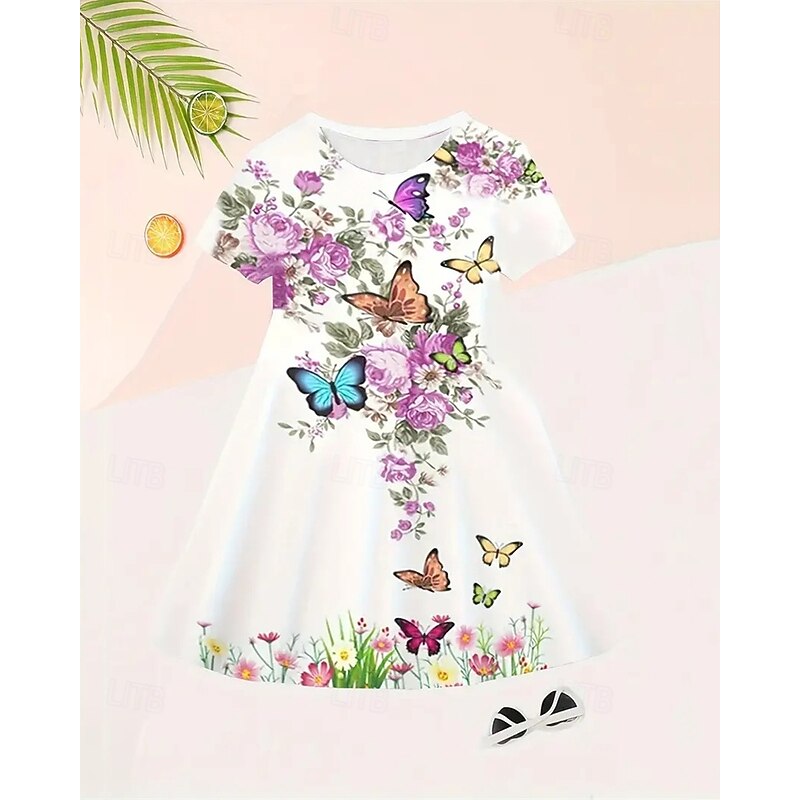 Girls' 3D Graphic Butterfly Dress Short Sleeve Summer Spring Vacation Daily Holiday Princess Beautiful Sweet Kids 4-12 Years Casual Dress A Line Dress Knee-length Regular Fit